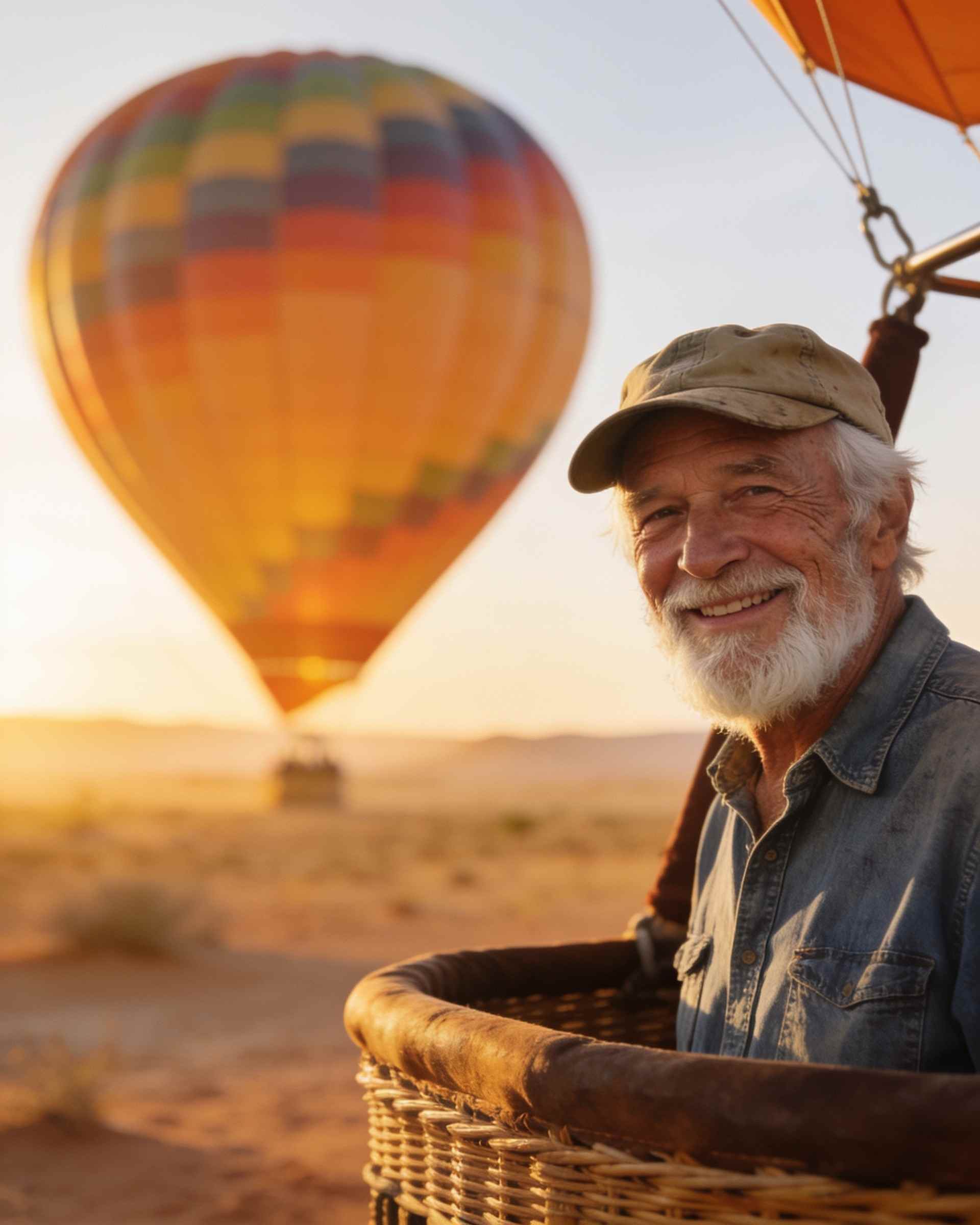 Portrait of a smiling older pilot with a white beard and a canvas cap, hand on the balloon burner at sunrise.
