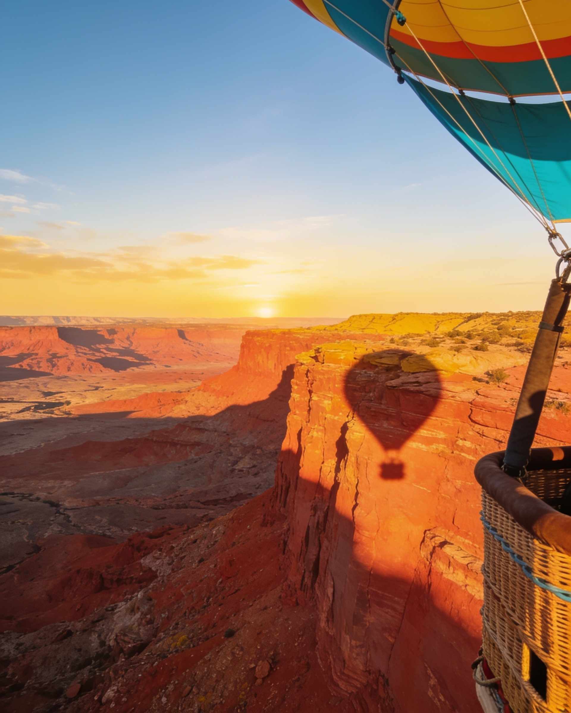 View from a balloon basket along the edge of a red canyon at sunrise, the balloon’s shadow on the canyon wall.