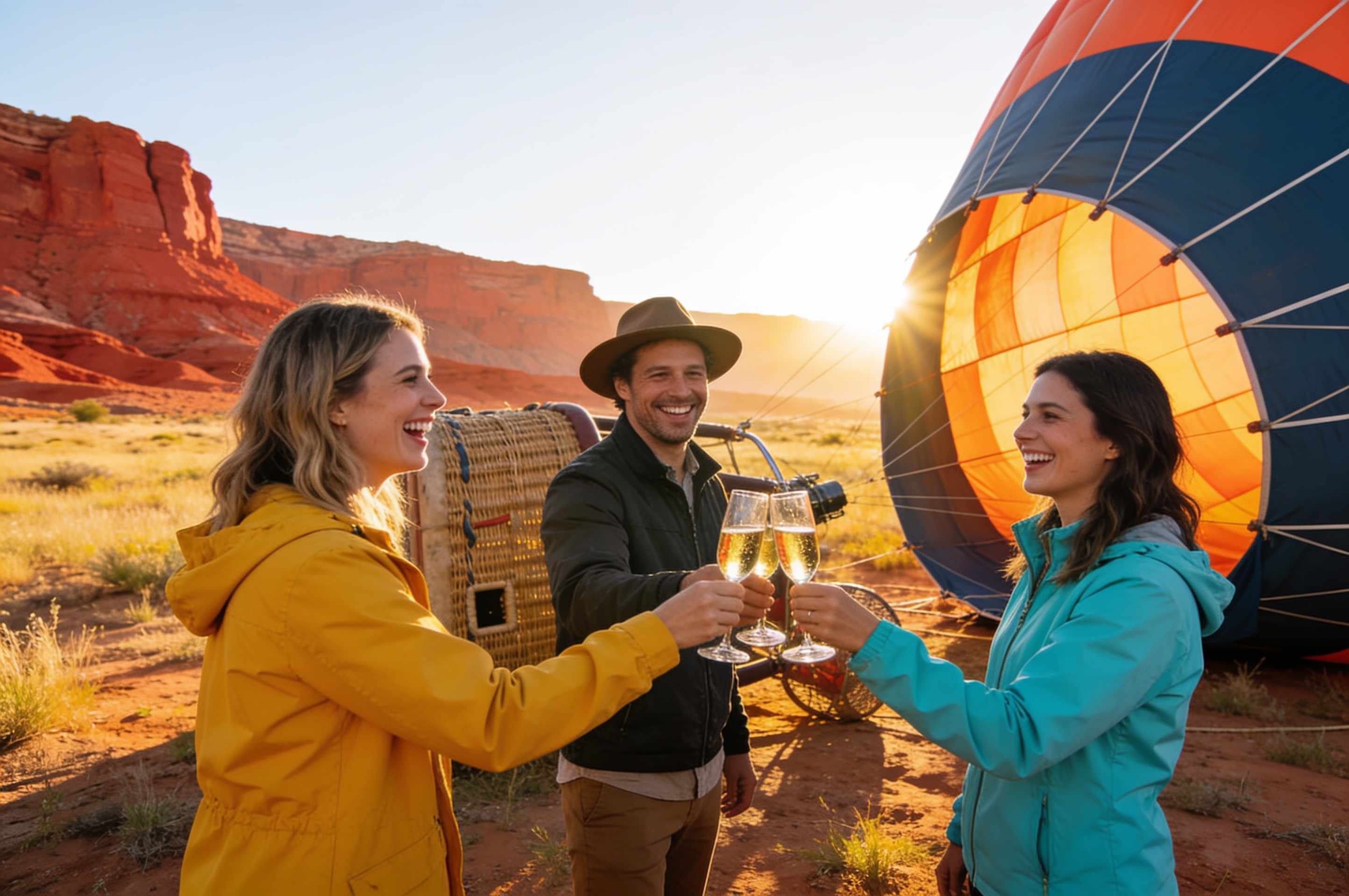 Guests toasting with champagne beside a landed balloon basket in a desert meadow.