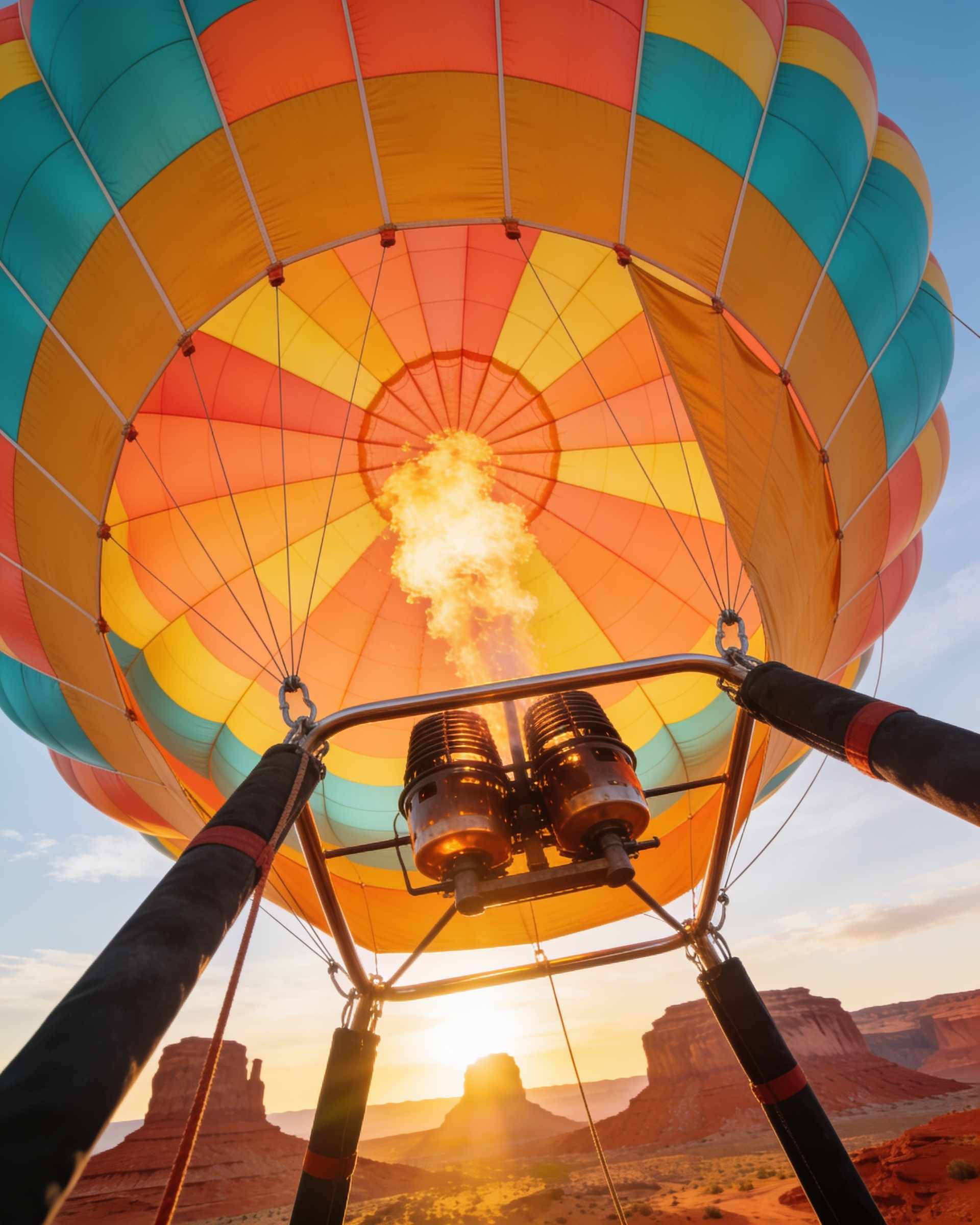 Looking up into the glowing inside of a balloon envelope as the burner fires, saffron, coral and turquoise panels like a kaleidoscope.