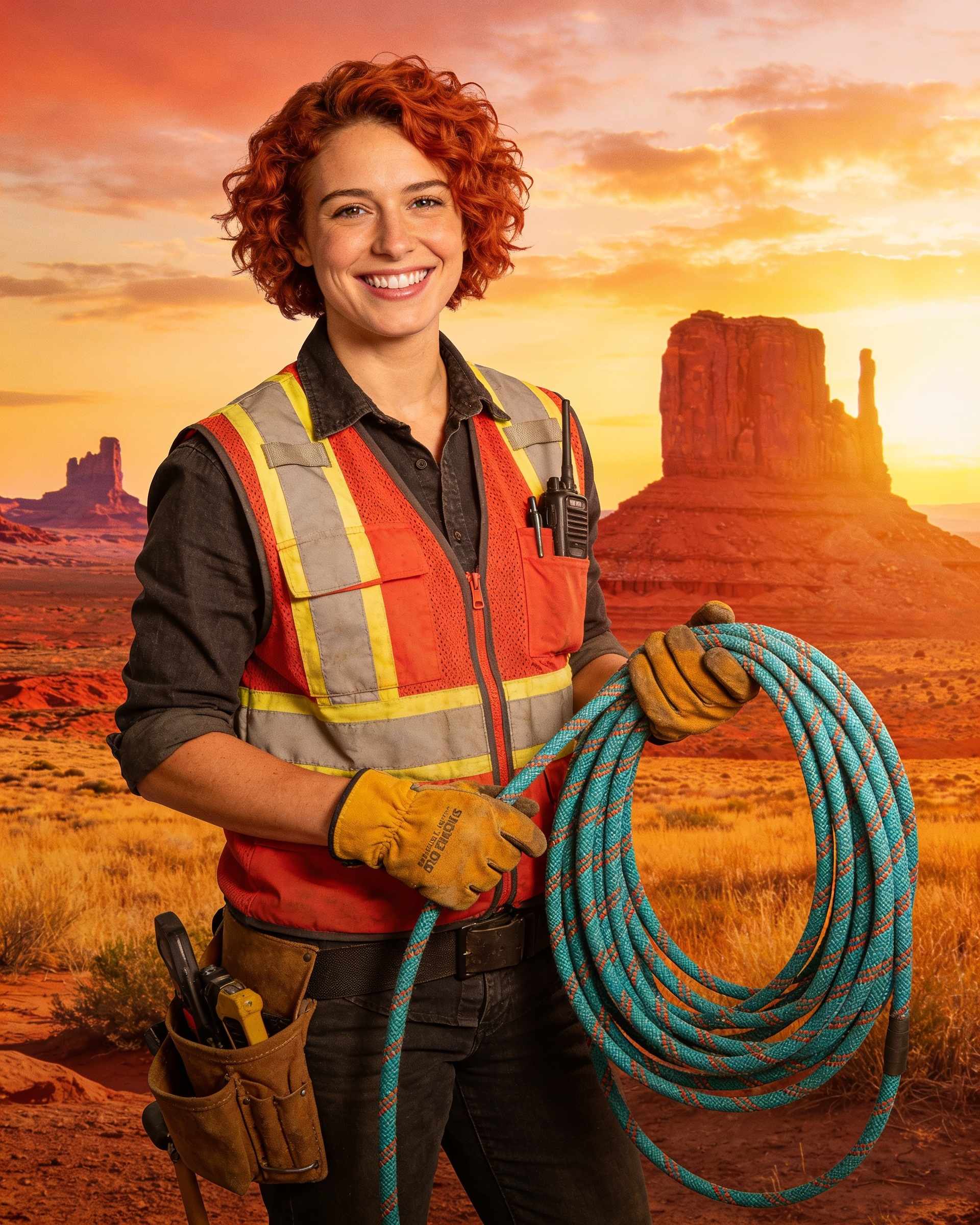 Portrait of a smiling crew chief with short curly red hair, work gloves and a coiled rope at dawn.