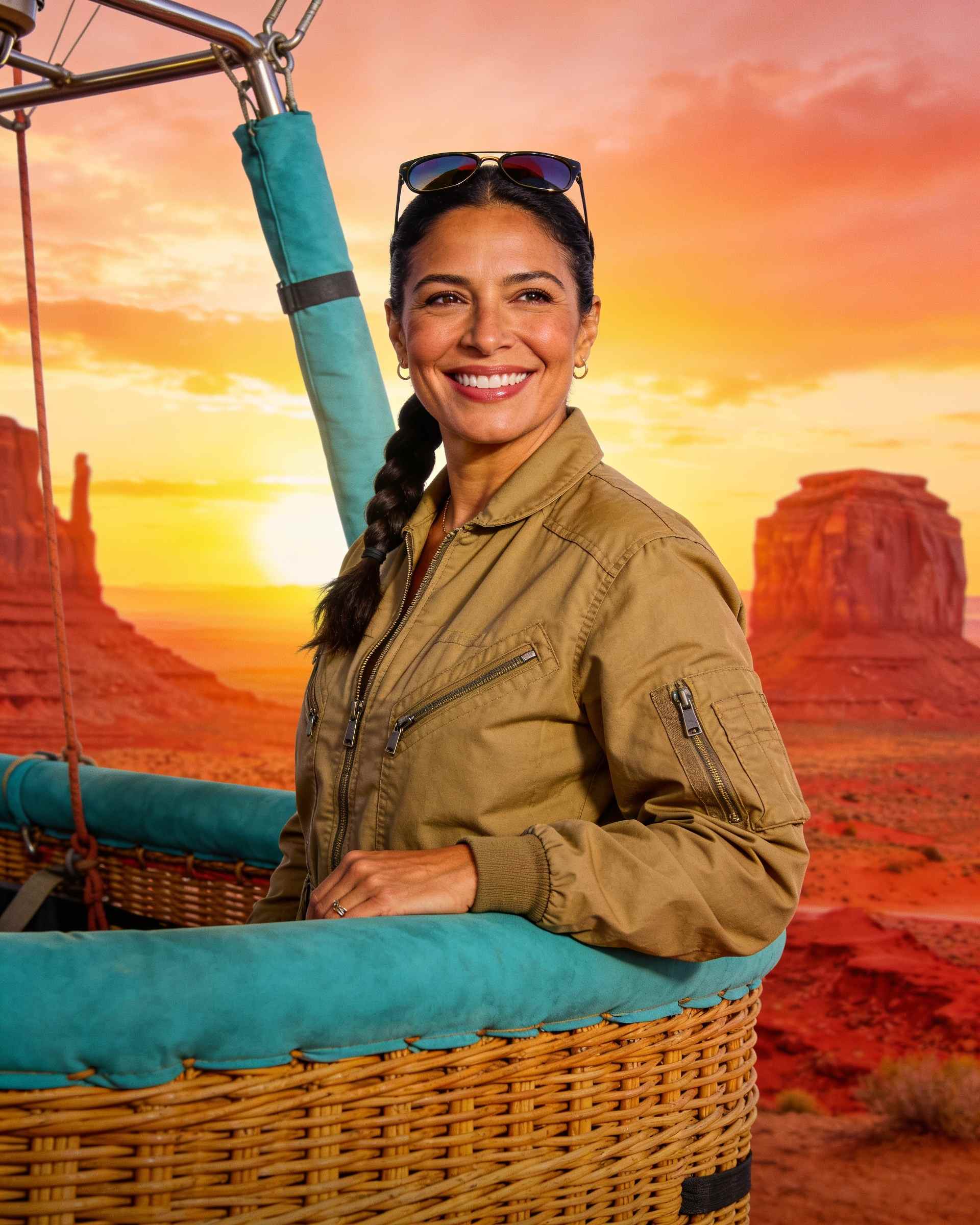 Portrait of a smiling pilot with a dark braid in a khaki flight jacket by a wicker basket at dawn.