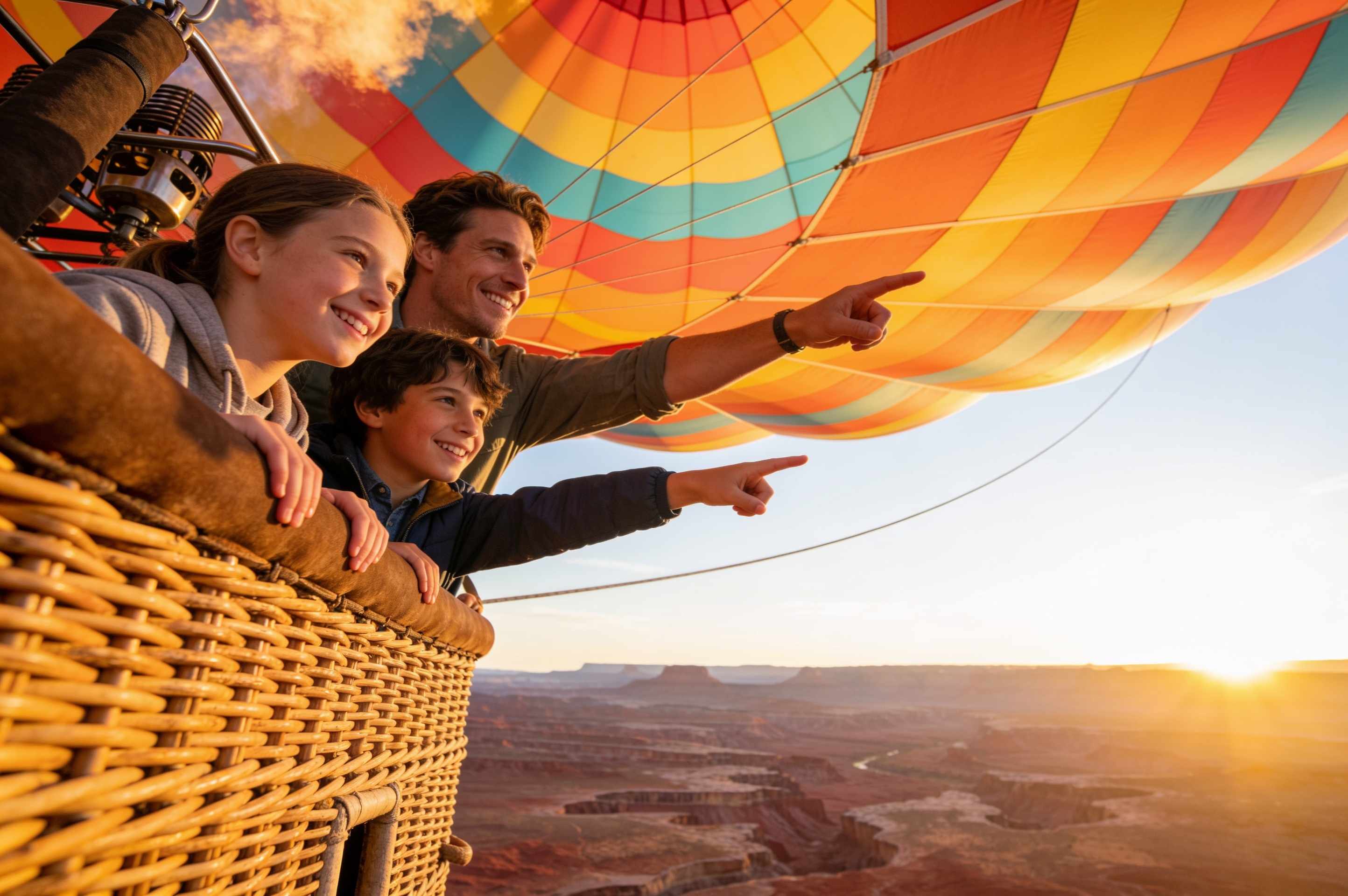 A family with two children smiling and pointing over the edge of a balloon basket above the red rocks.