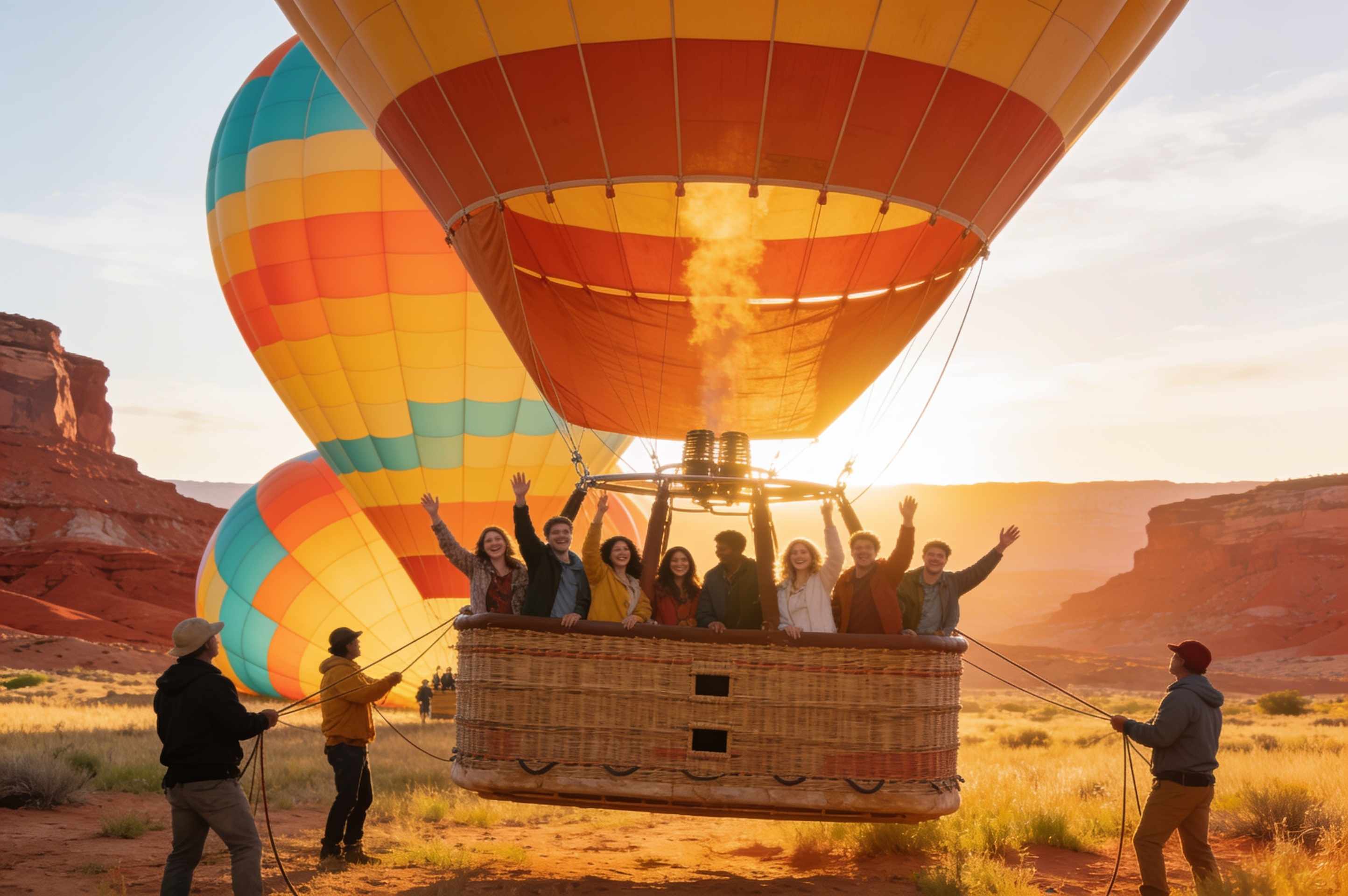 A big basket full of smiling friends lifting off from a desert meadow at sunrise, crew holding the lines.