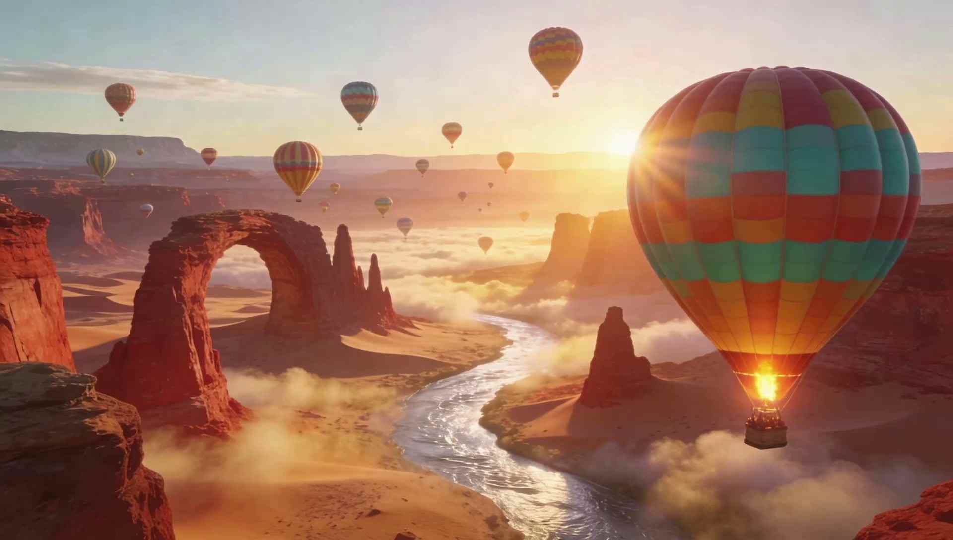 A fleet of colorful hot-air balloons rising at sunrise over red sandstone arches and spires, a river winding through golden mist below.