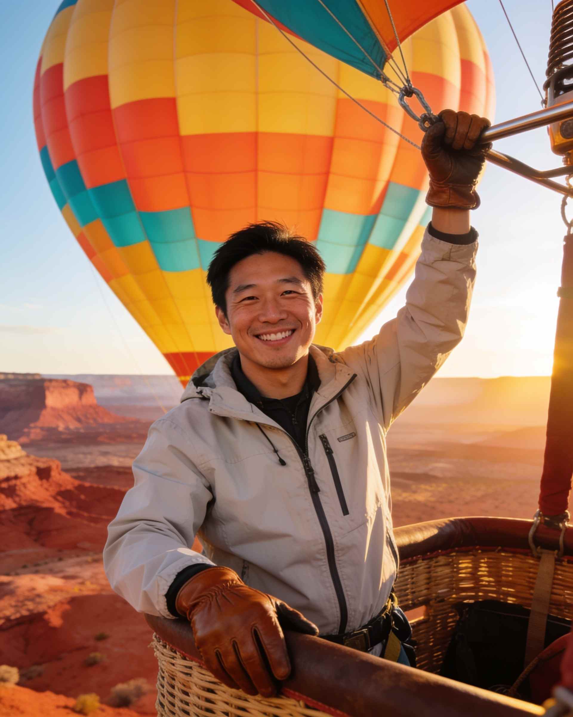 Portrait of a cheerful pilot in a windbreaker and leather gloves holding the basket edge, a balloon inflating behind.