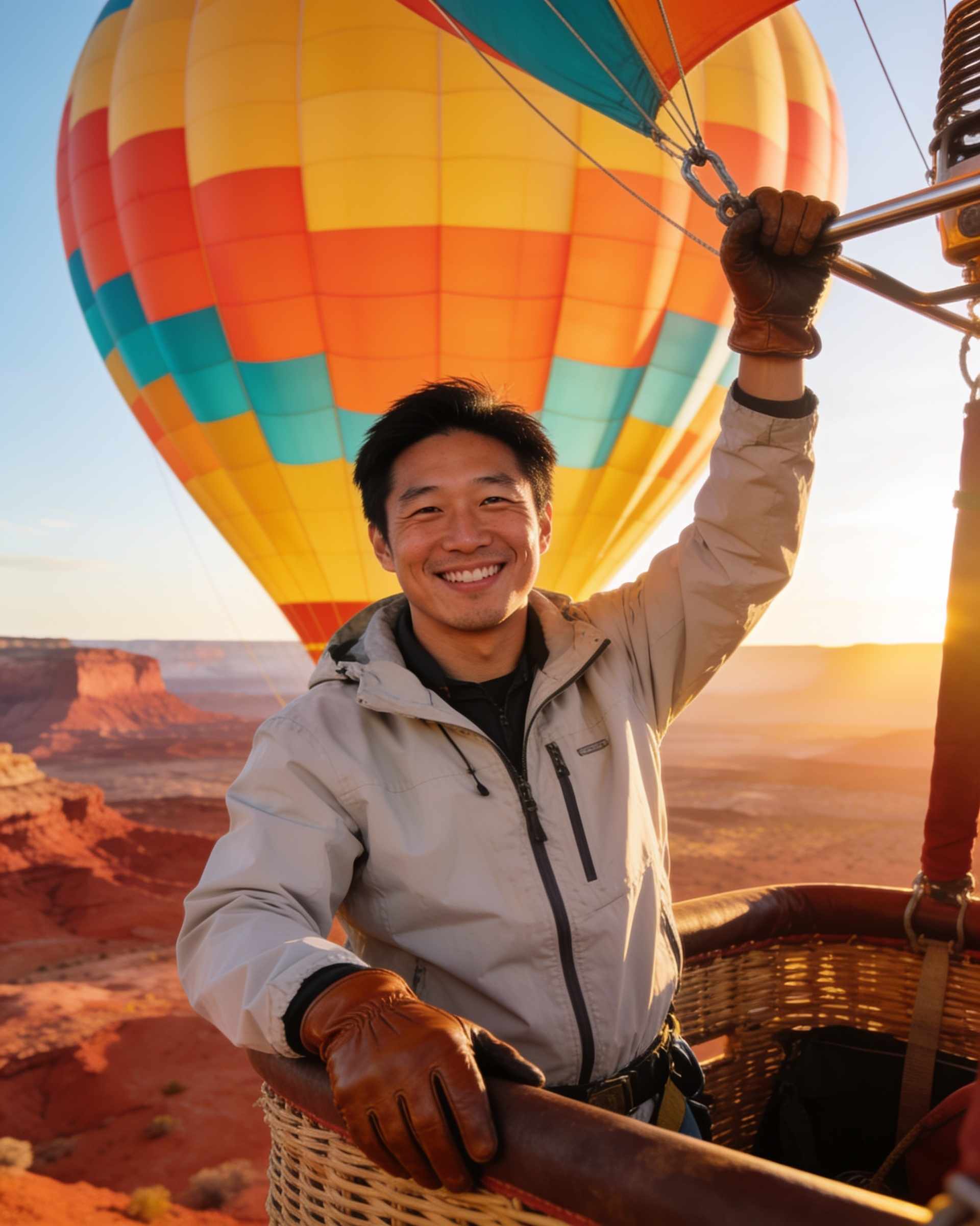 Portrait of a cheerful pilot in a windbreaker and leather gloves holding the basket edge, a balloon inflating behind.