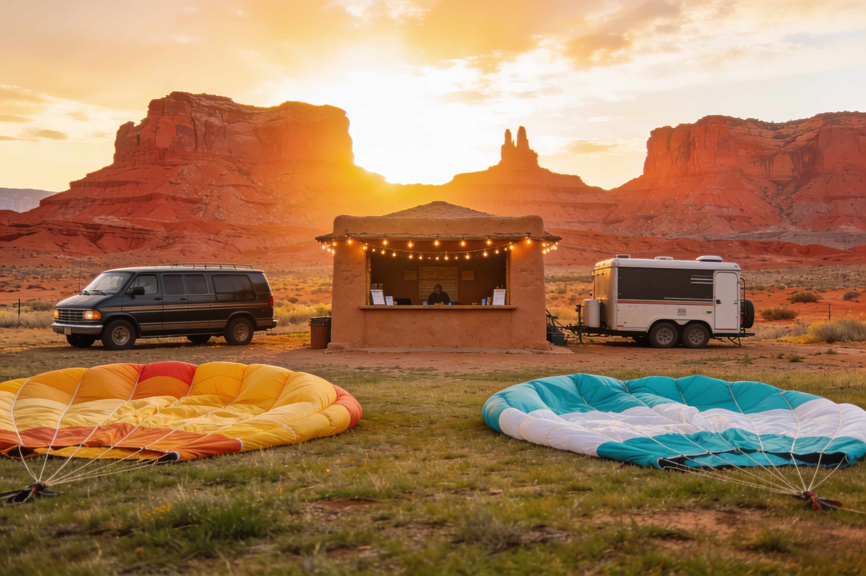 A sunrise launch field with an adobe check-in hut under string lights, a van with a trailer and two balloons laid out on the grass, red rocks behind.