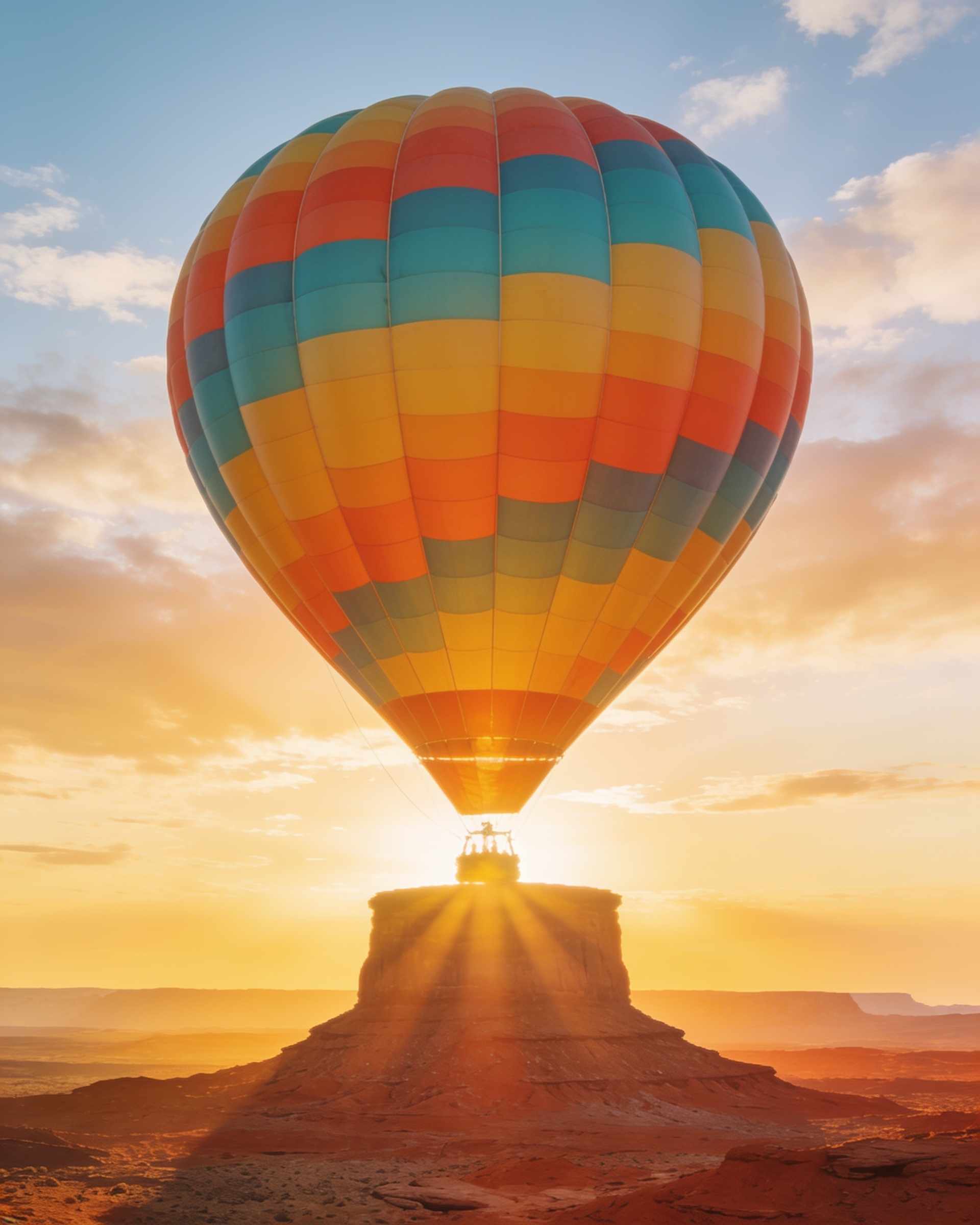 A colorful balloon floating above a flat-topped mesa at the moment of sunrise, sun rays bursting.