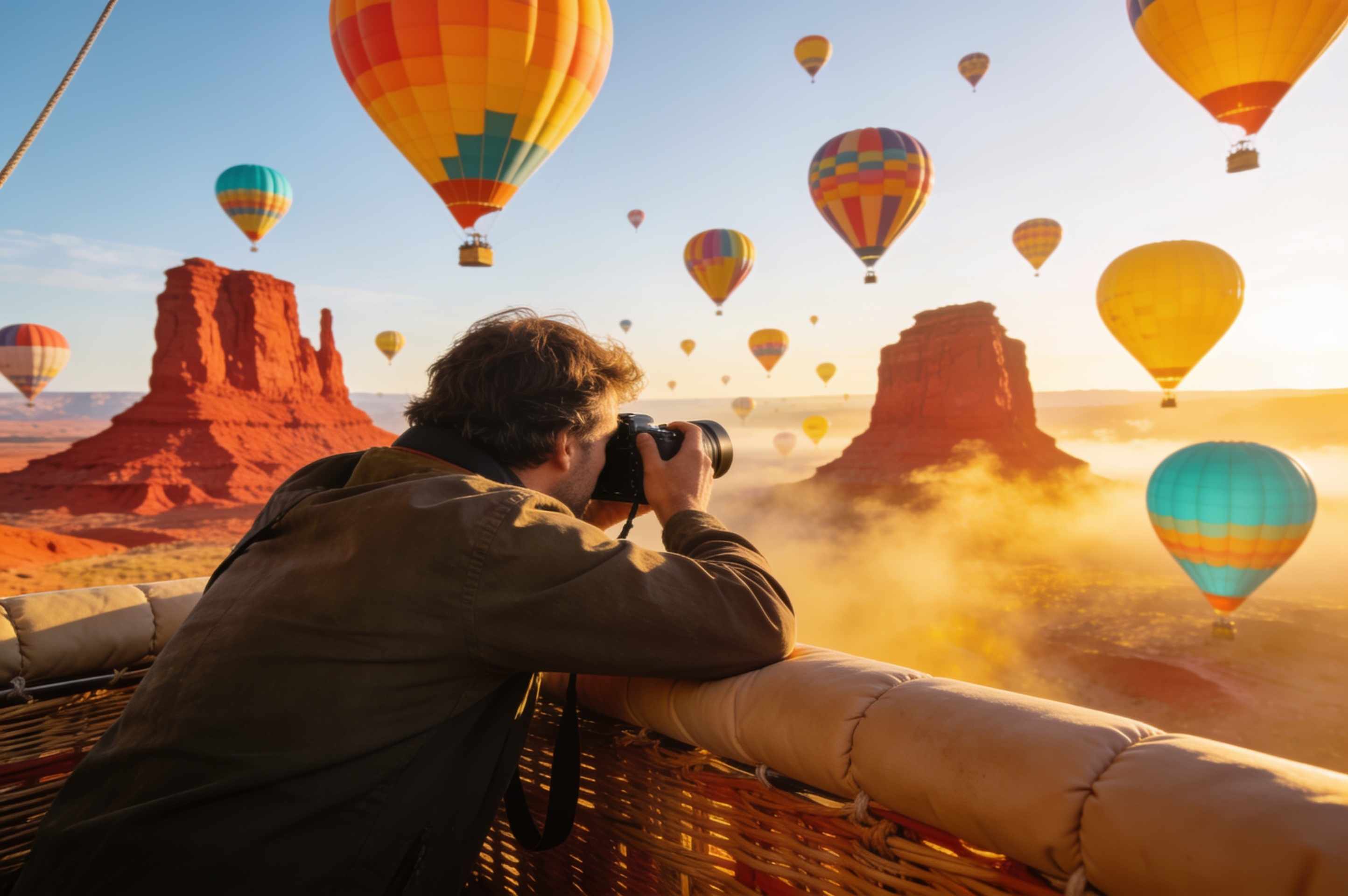 A photographer leaning on the padded edge of a balloon basket, framing a fleet of balloons over red rock spires.