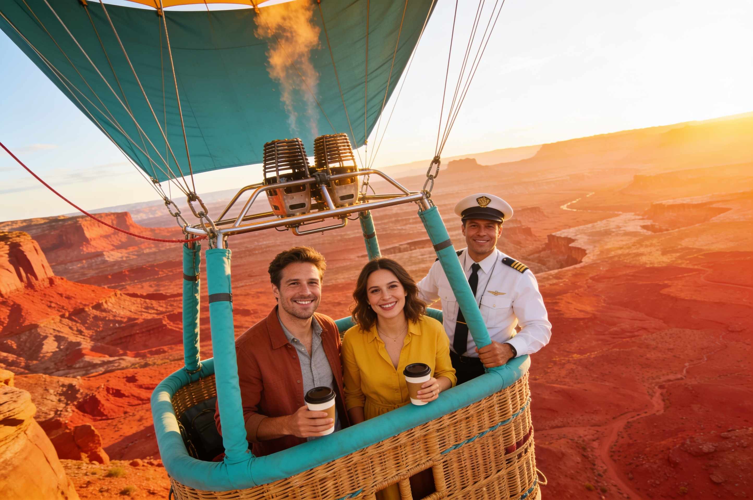 A couple with coffee cups and their pilot in a small basket high above a red rock valley at dawn.
