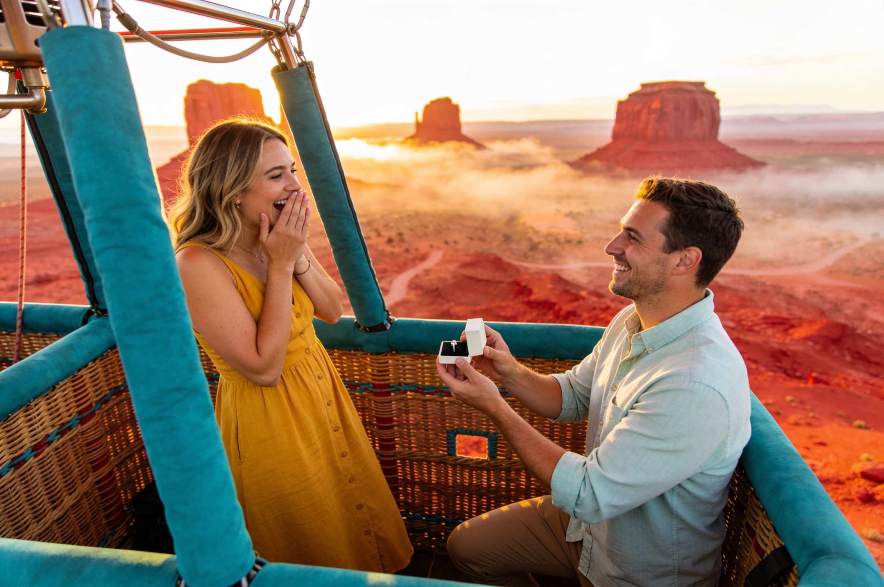 A man kneeling with a ring in a balloon basket at sunrise as his partner covers her mouth in joy, red rocks below.