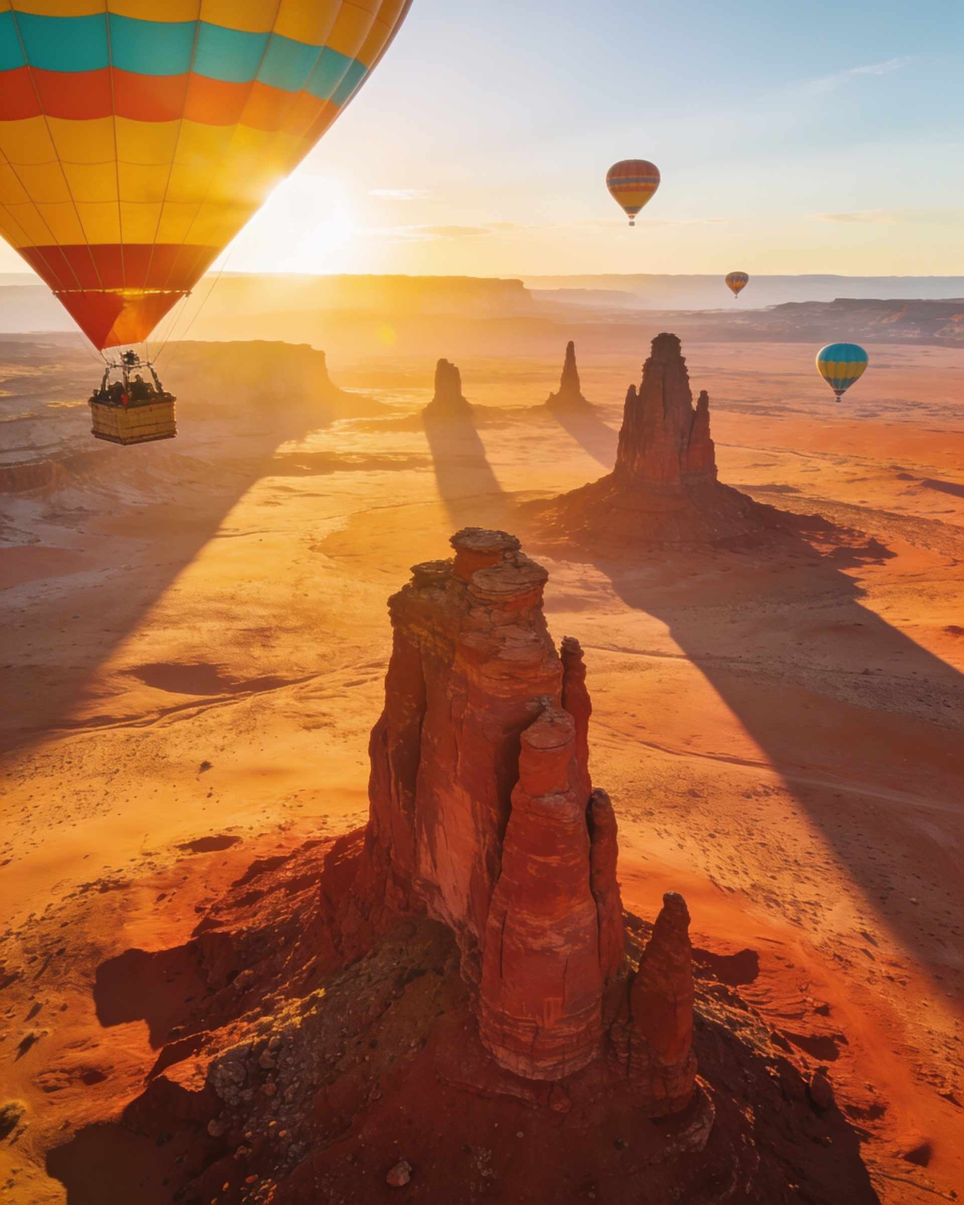 Aerial view of towering red sandstone buttes and spires at sunrise with long shadows and balloons in the distance.
