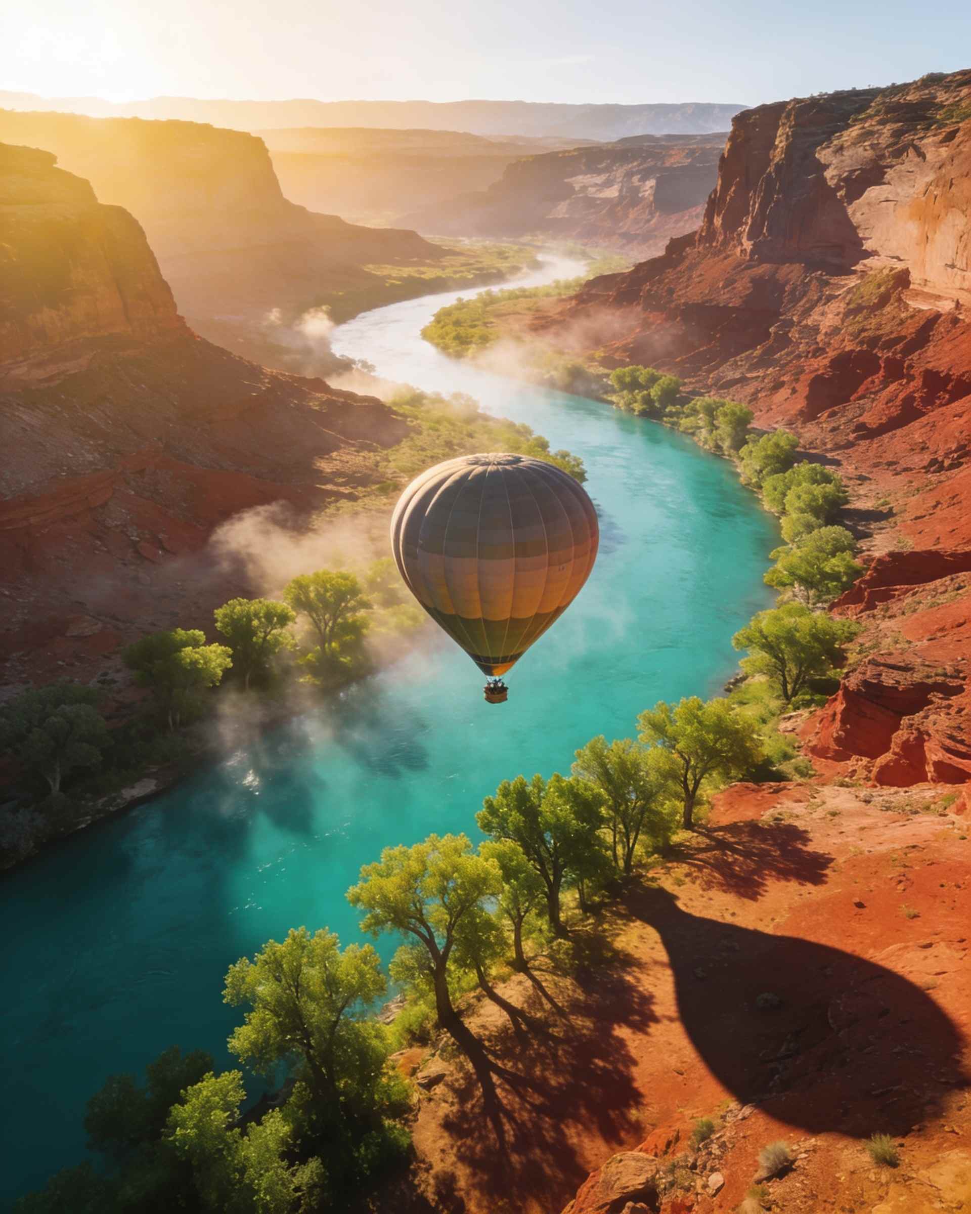A balloon drifting low over a winding turquoise river lined with cottonwoods through a red desert valley.