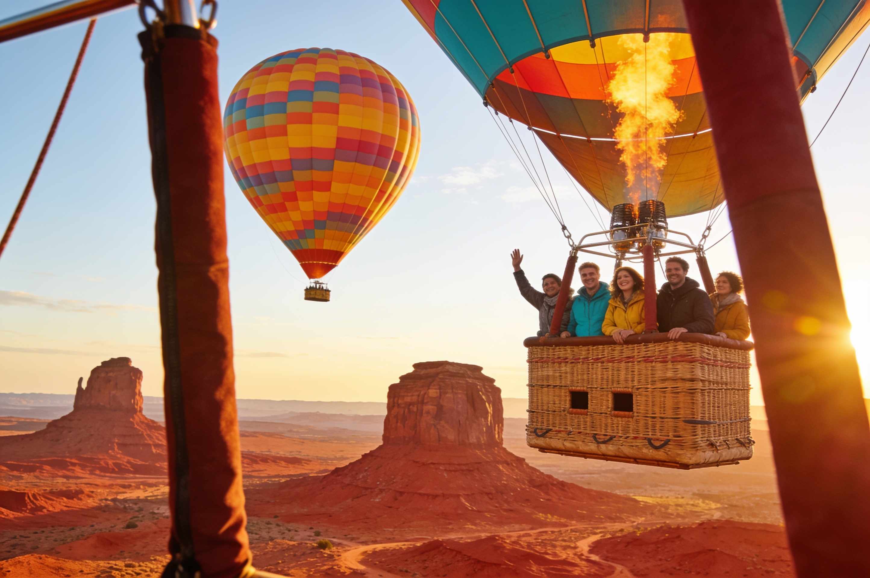 Guests in a wicker basket under a colorful balloon floating over red sandstone buttes at sunrise.