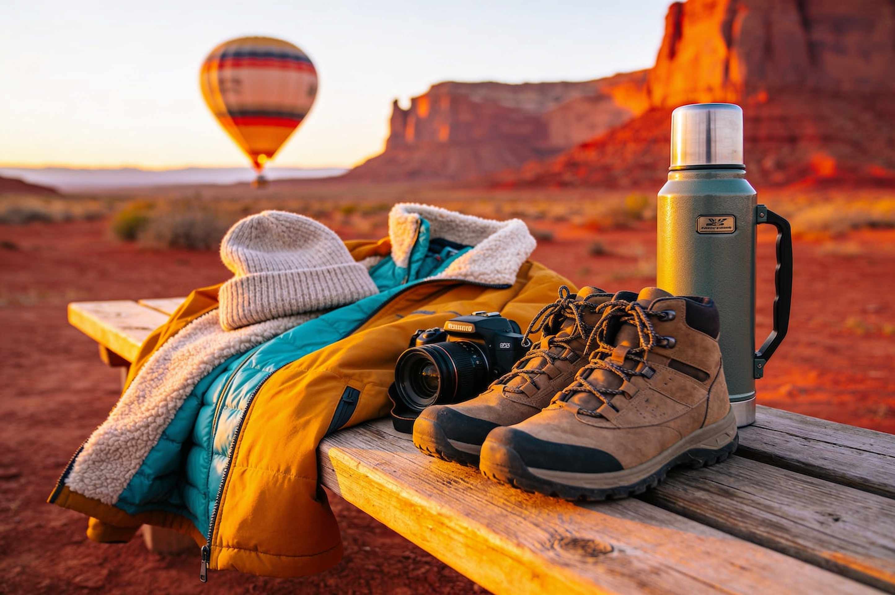 A fleece, a beanie, hiking shoes, a camera and a thermos laid out on a bench at dawn, red rocks behind.