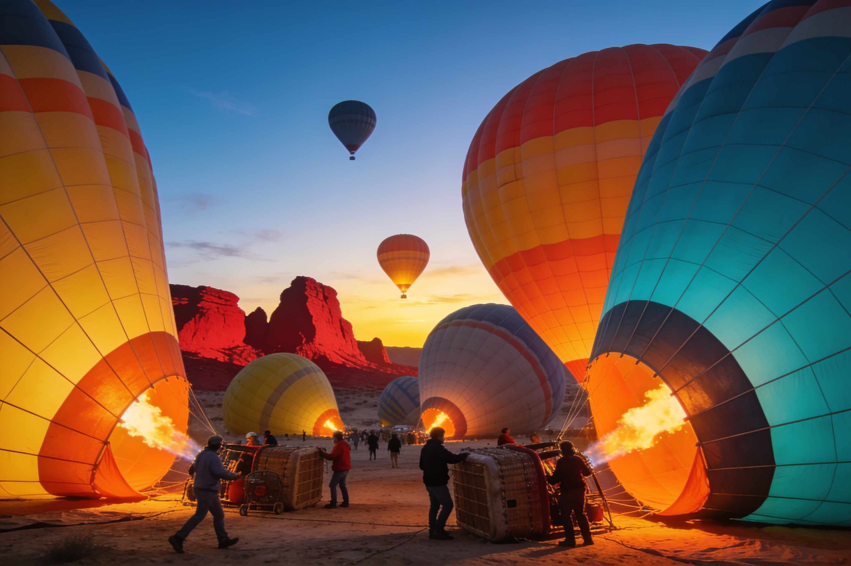 Balloons being inflated in the blue pre-dawn light, burners glowing orange, crews moving around.